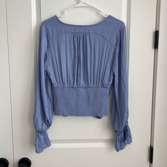 Anthropologie Ruched Blue Blouse Size S Button Front Smocked Waist Top - Picture 6 of 6